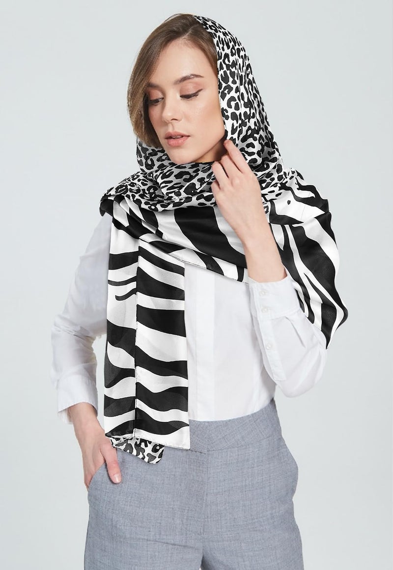 GERINLY Animal Print Shawl Wraps Zebra & Leopard Pattern Silky Scarf for Women Fashion Print Accessory (Black) - Image 5